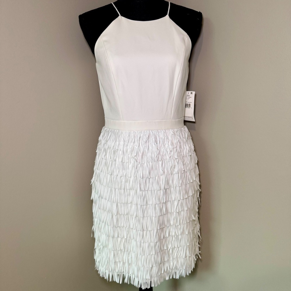 Aidan Mattox Ivory Crepe Halter Fringe Dress Cocktail Party Womens Size 6